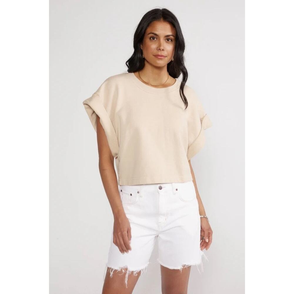 Etica Rhett Sweat In Sand Organic Cotton Short Rolled Sleeve Pullover S